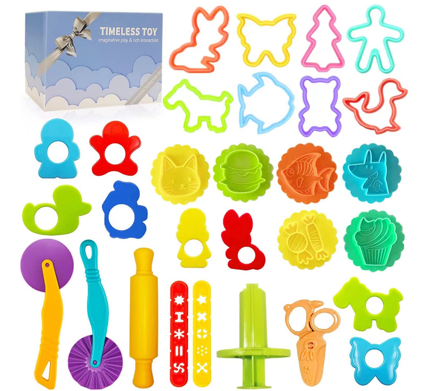 Play Dough Tools Set for Kids - Playdough Toys Accessories with Stamps Cutter Rolling Pin and Storage Box Party Favors Set for Age 2-8